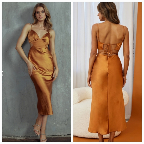 City Lights Cut-Out Waist Strappy Back Midi Dress Bronze - Picture 2 of 12